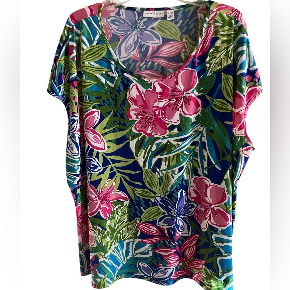 Susan Graver Womens Liquid Knit Hawaiian Tropical Floral‎ Top Blouse Mature 3X